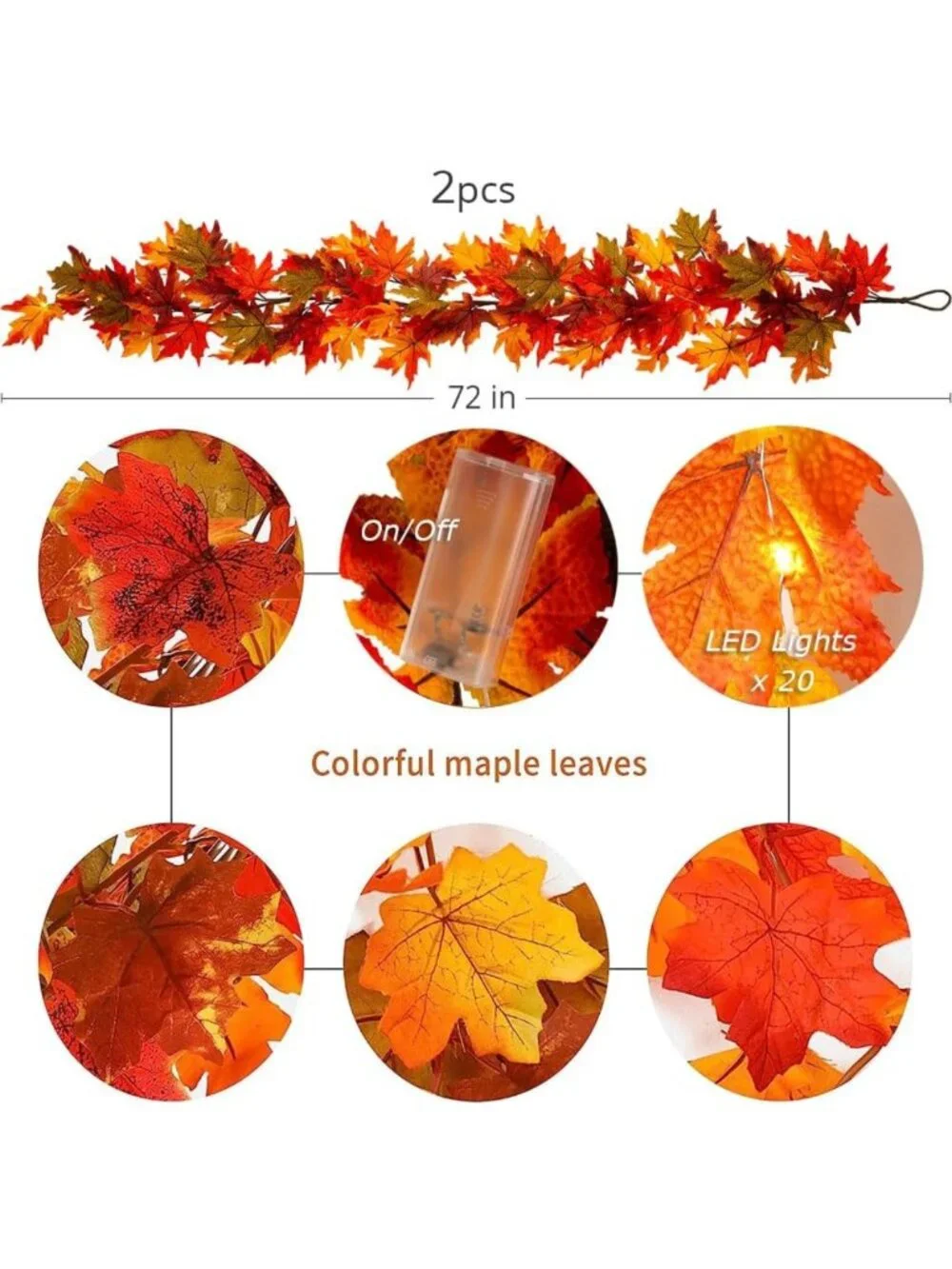 2Pcs Fall Maple Leaves Garland with Timer & Lights - Autumn Thanksgiving Decor